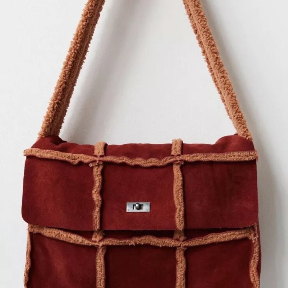 Shearling-Trimmed Suede Shoulder Bag - Brown